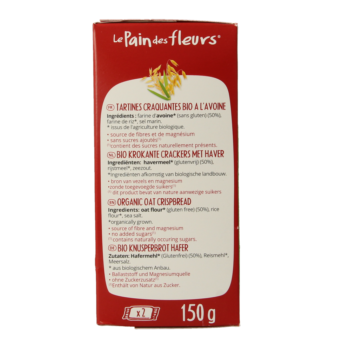 Pain Des Fleurs Krokante crackers haver glutenvrij bio 150.00 Gram