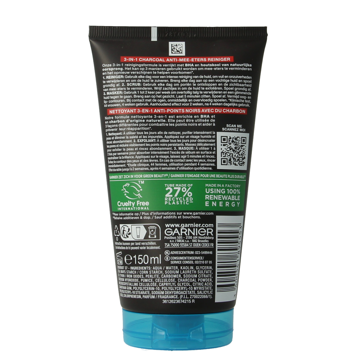 Garnier SkinActive pure active 3-in-1 charcoal reiniging 150.00 Milliliter