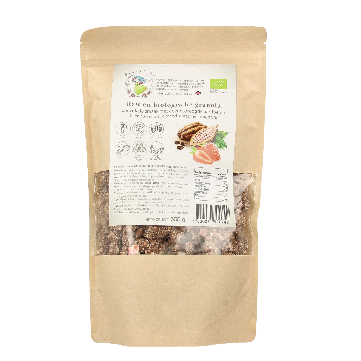 Vitiv Tijgernoot granola chocolade aardbei bio 300.00 Gram