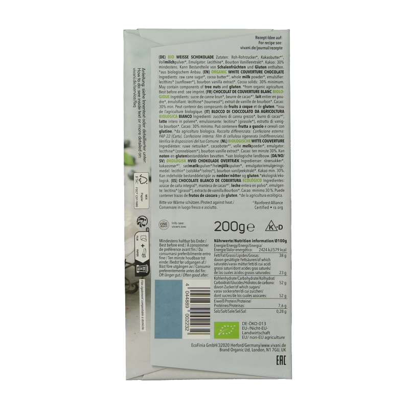 Vivani Couverture smeltchocolade wit bio 200 Gram
