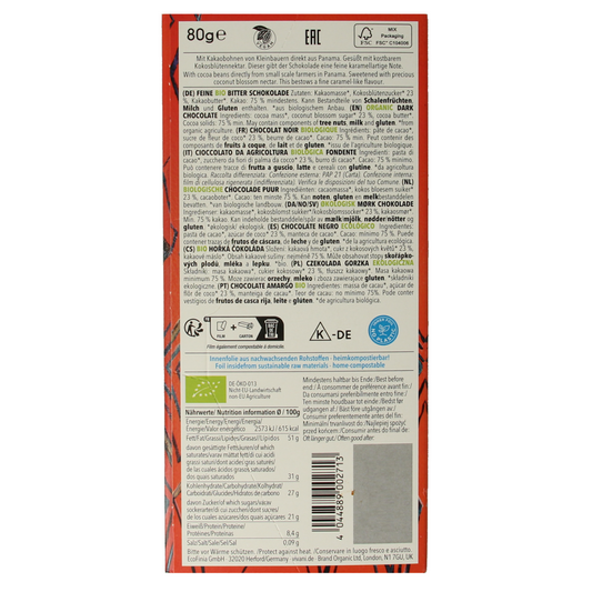 Vivani Chocolade puur 75% kokosbloesemsuiker bio 80.00 Gram