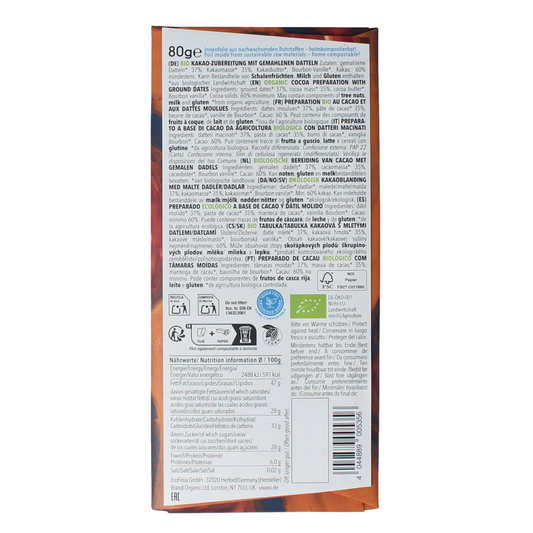 Vivani Chocolade puur 60% dadel gezoet bio 80.00 Gram