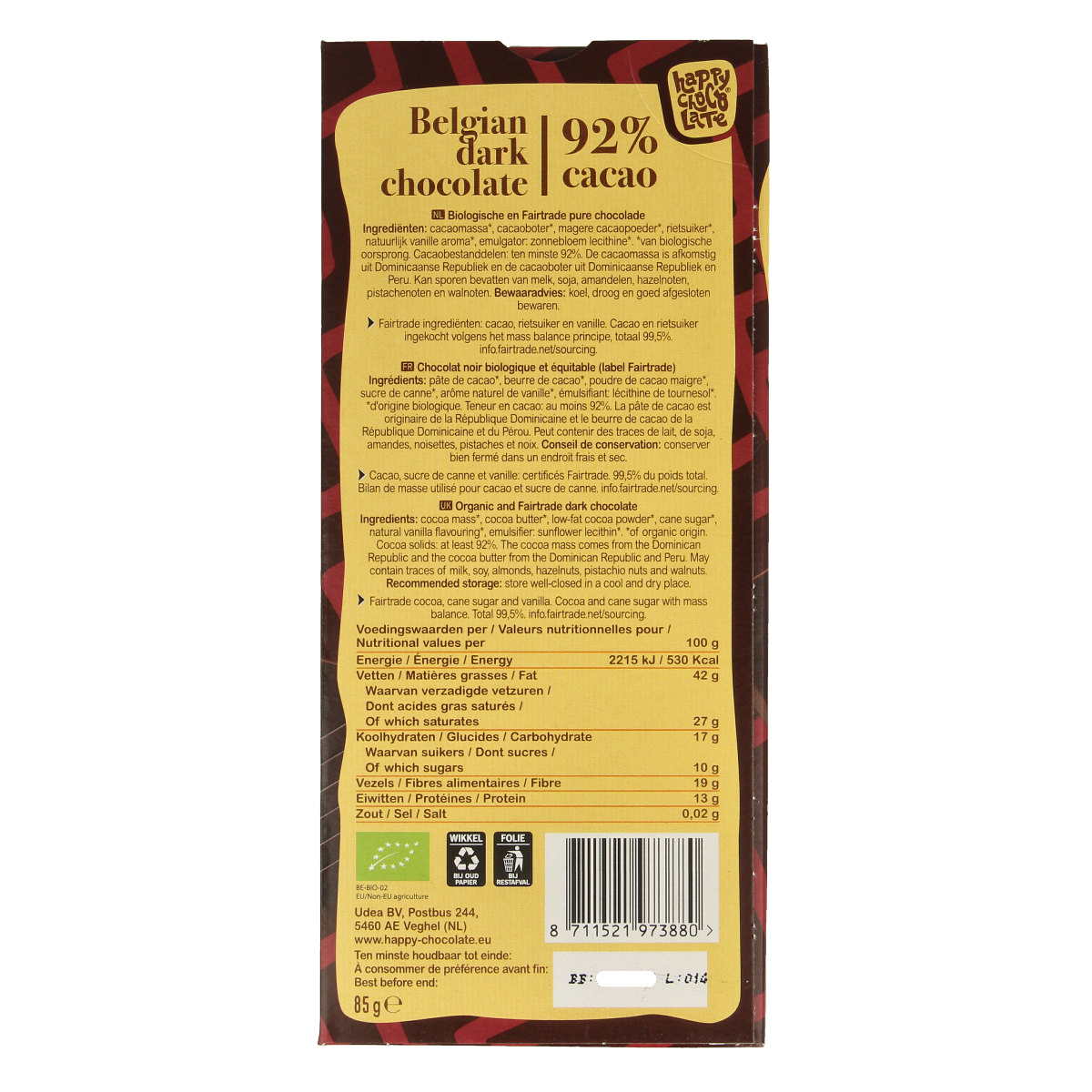 Happy Chocolate Puur 92% bio 85.00 Gram