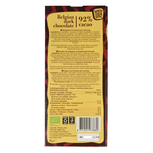 Happy Chocolate Puur 92% bio 85.00 Gram