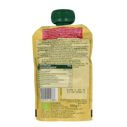 Organix Knijpfruit mango, peer & granola 6+ mnd bio 100.00 Gram