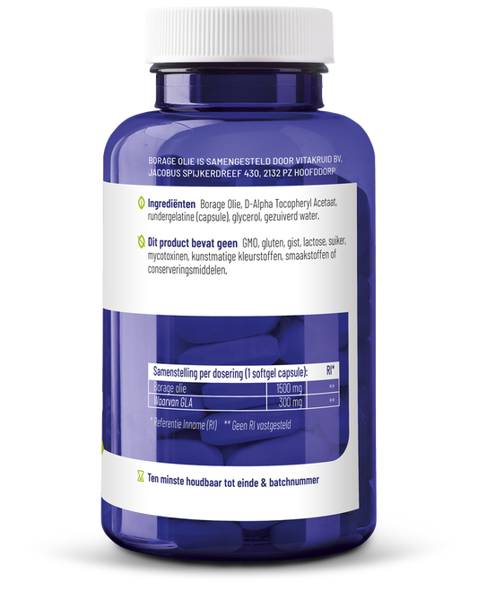 Vitakruid Borage Olie 1500mg GLA 300mg uit plantaardige bron 60.00 Softgels