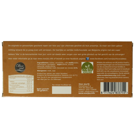 Voor Jou! Wensreep melkchocolade knuffel 70.00 Gram