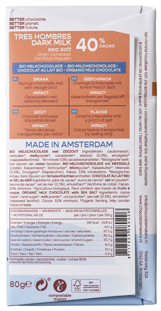 Chocolatemakers Reep tres hombres 40% melk zeezout fairtrade bio 80.00 Gram