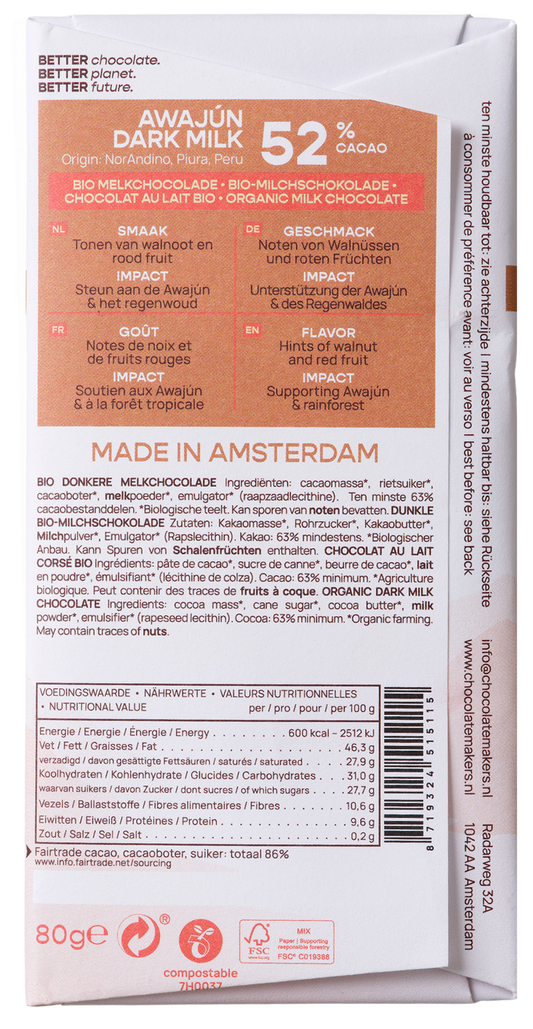 Chocolatemakers Awajun 52% donkere melk fairtrade bio 80.00 Gram