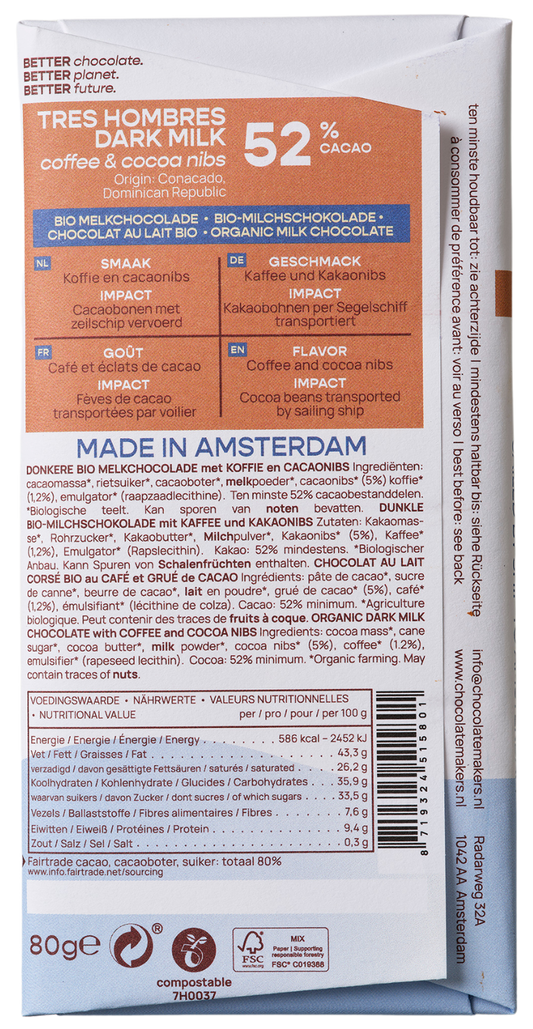 Chocolatemakers Reep tres hombres 52% melk cacaonibs & koffie bio 80.00 Gram