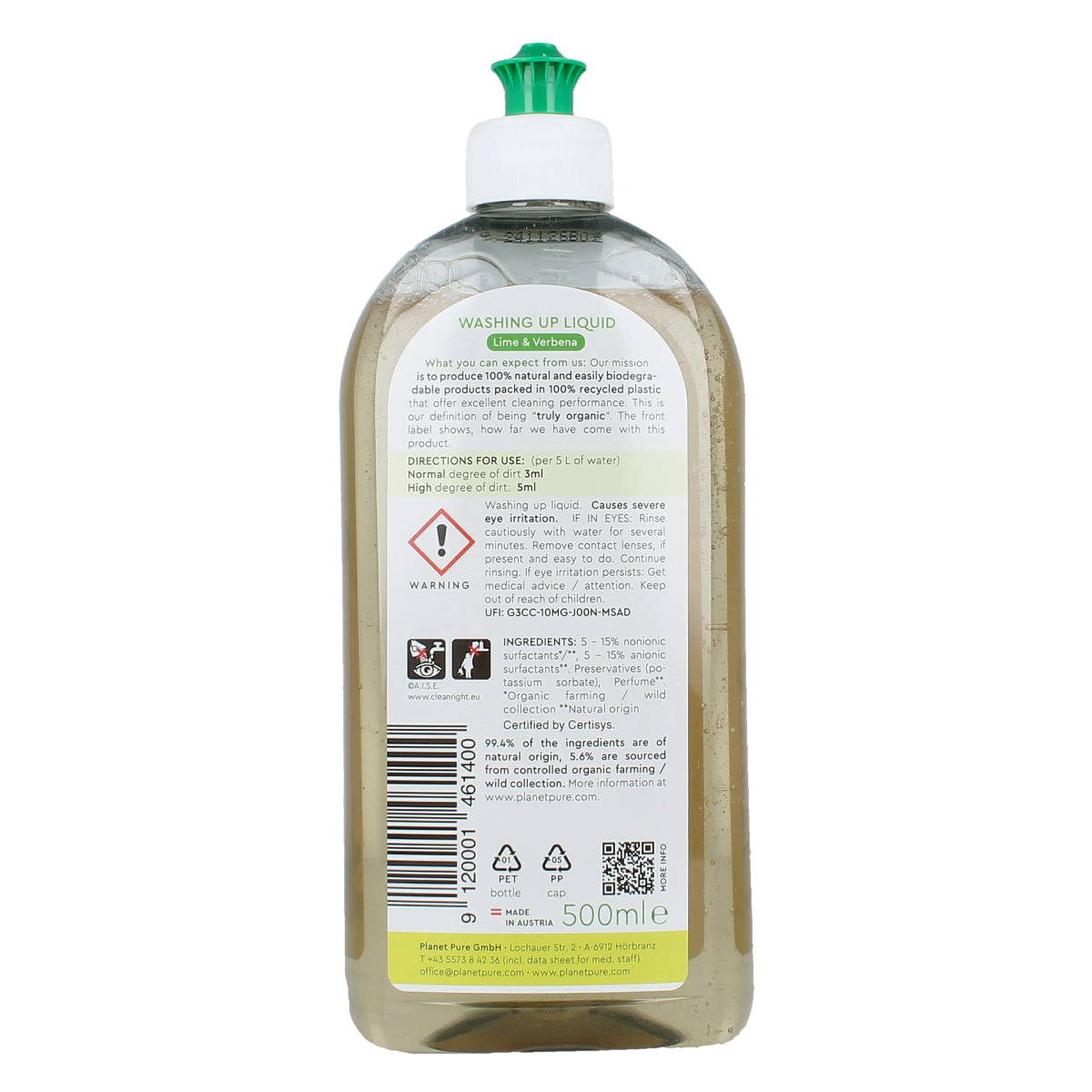 Planet Pure Afwasmiddel lime & verbena 500.00 Milliliter