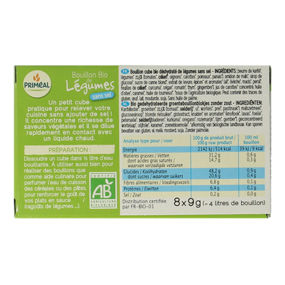 Primeal Groentebouillon blokjes zonder zout 9 gram bio 8.00 Stuks