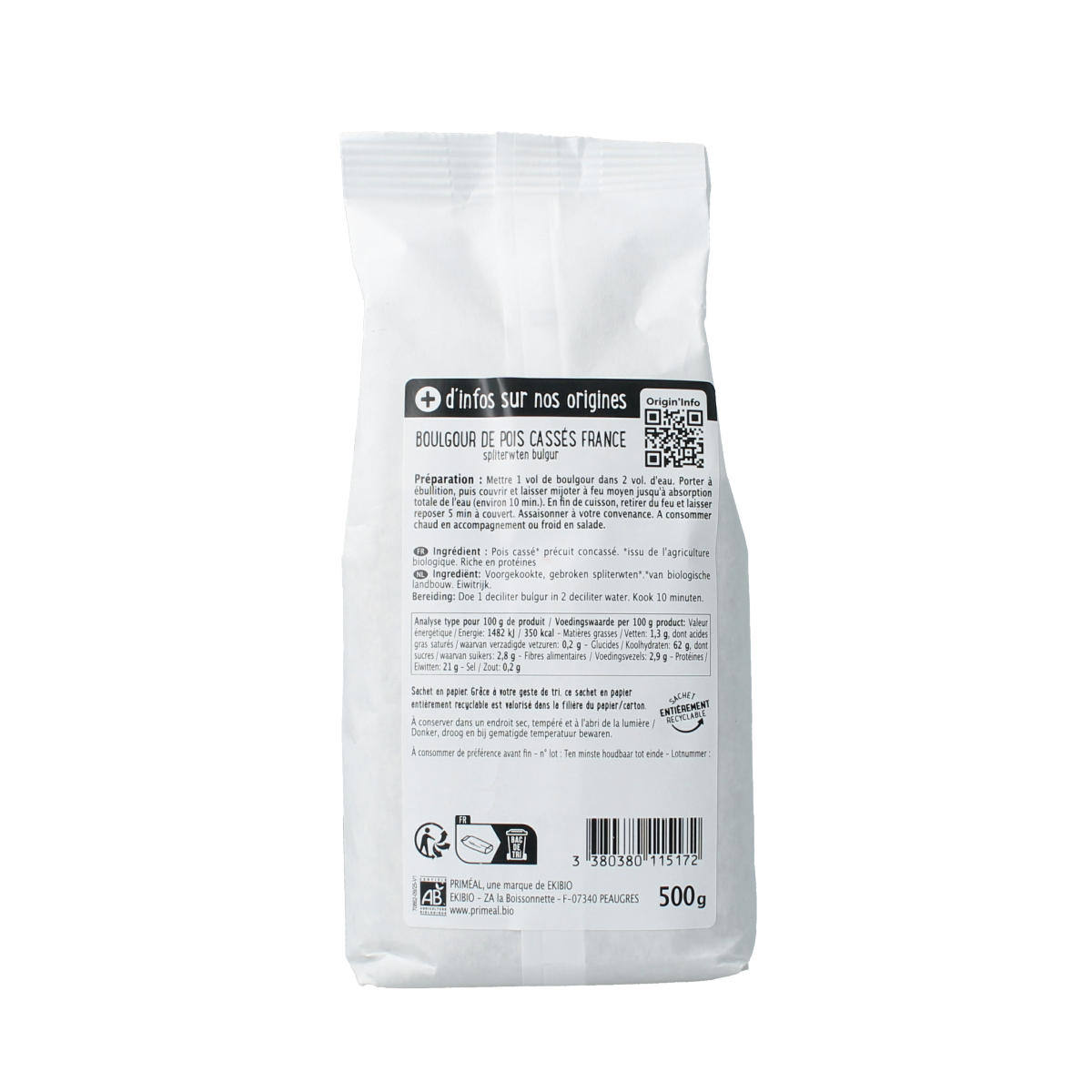 Primeal Bulgur van spliterwten bio 500.00 Gram