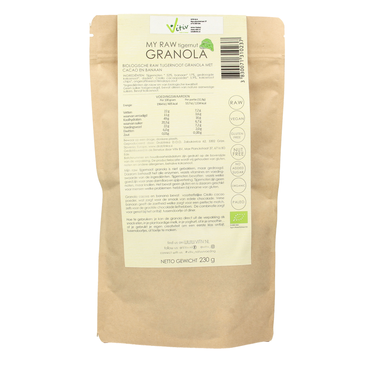 Vitiv Tijgernoot granola choc banaan bio 230.00 Gram