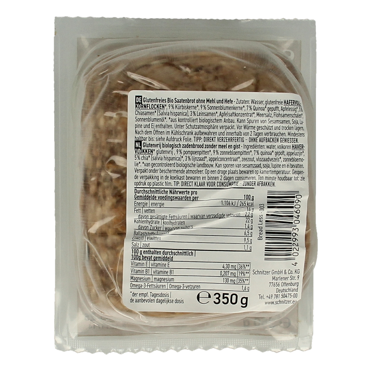 Schnitzer Breadless brood glutenvrij  bio 350.00 Gram