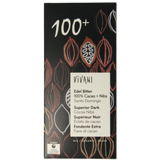 Vivani Chocolade puur 100% + cacao nibs bio 80.00 Gram