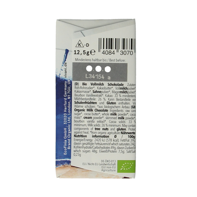 Vivani Chocolade minibars melk bio 12.5 Gram