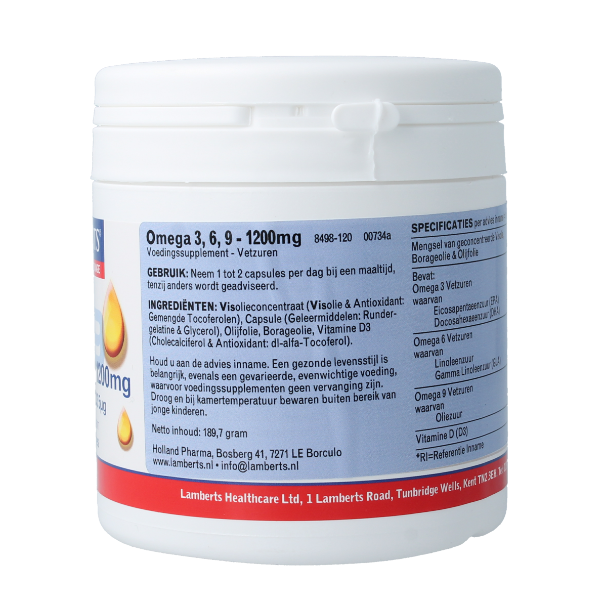 Lamberts Omega 3 6 9 visolie 1200mg + vitamine D3 120.00 Capsules
