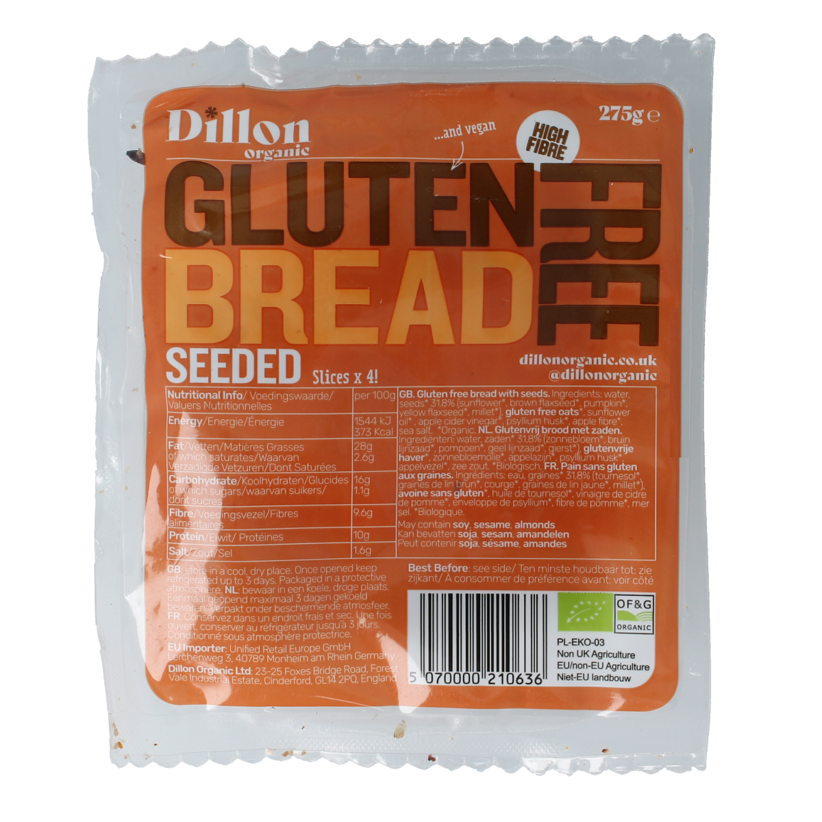 Dillon Organic Sliced bread seeded glutenvrij bio demeter 275.00 Gram