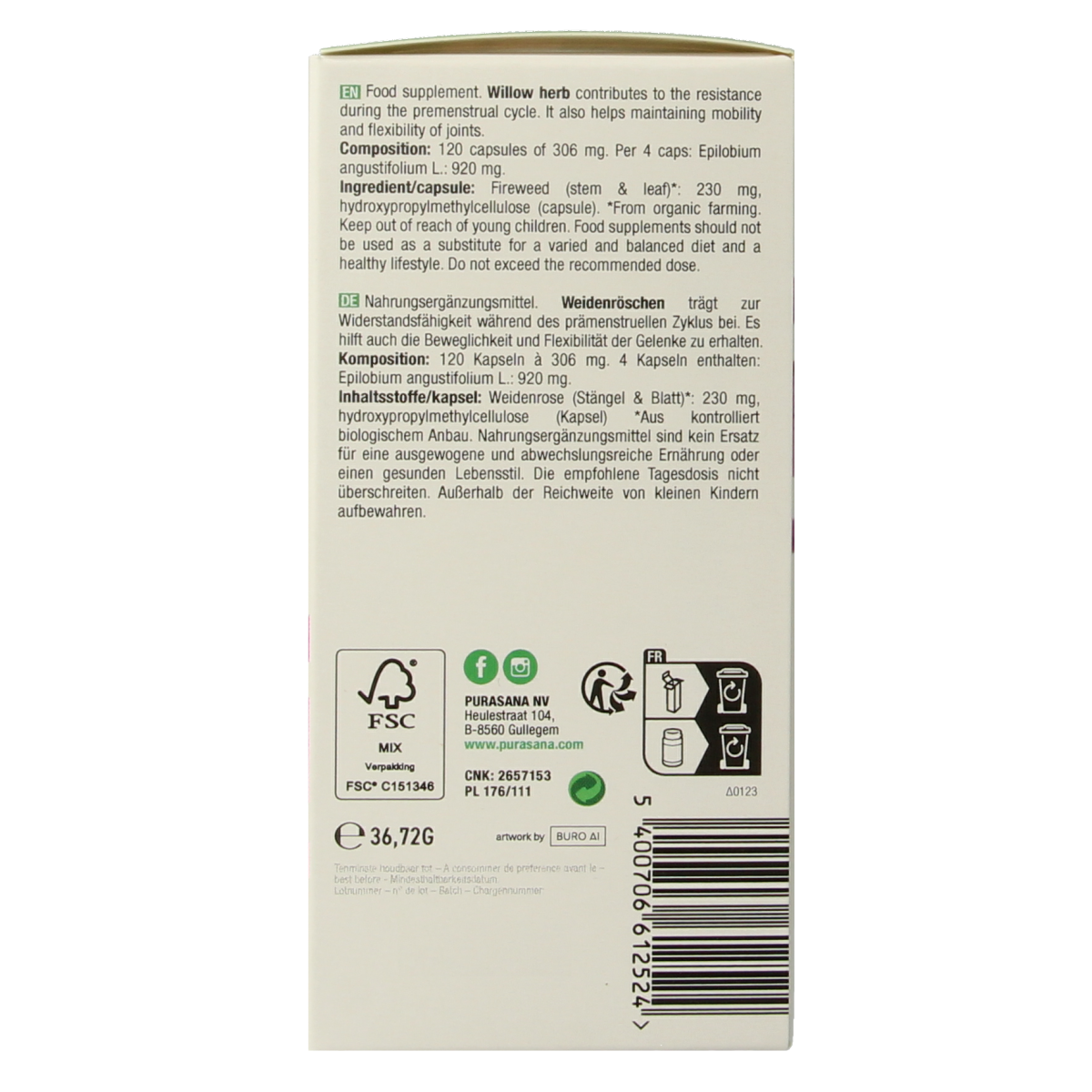 Purasana Wilgenroosje vegan bio 120.00 Vegetarische capsules