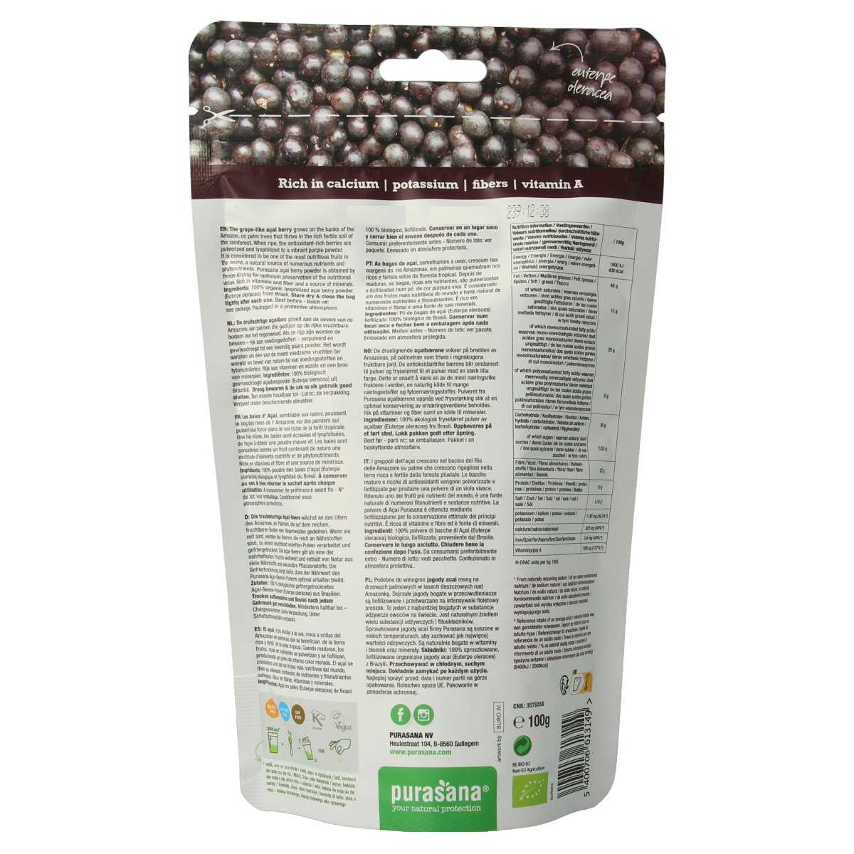 Purasana Acai bessen poeder vegan bio 100.00 Gram