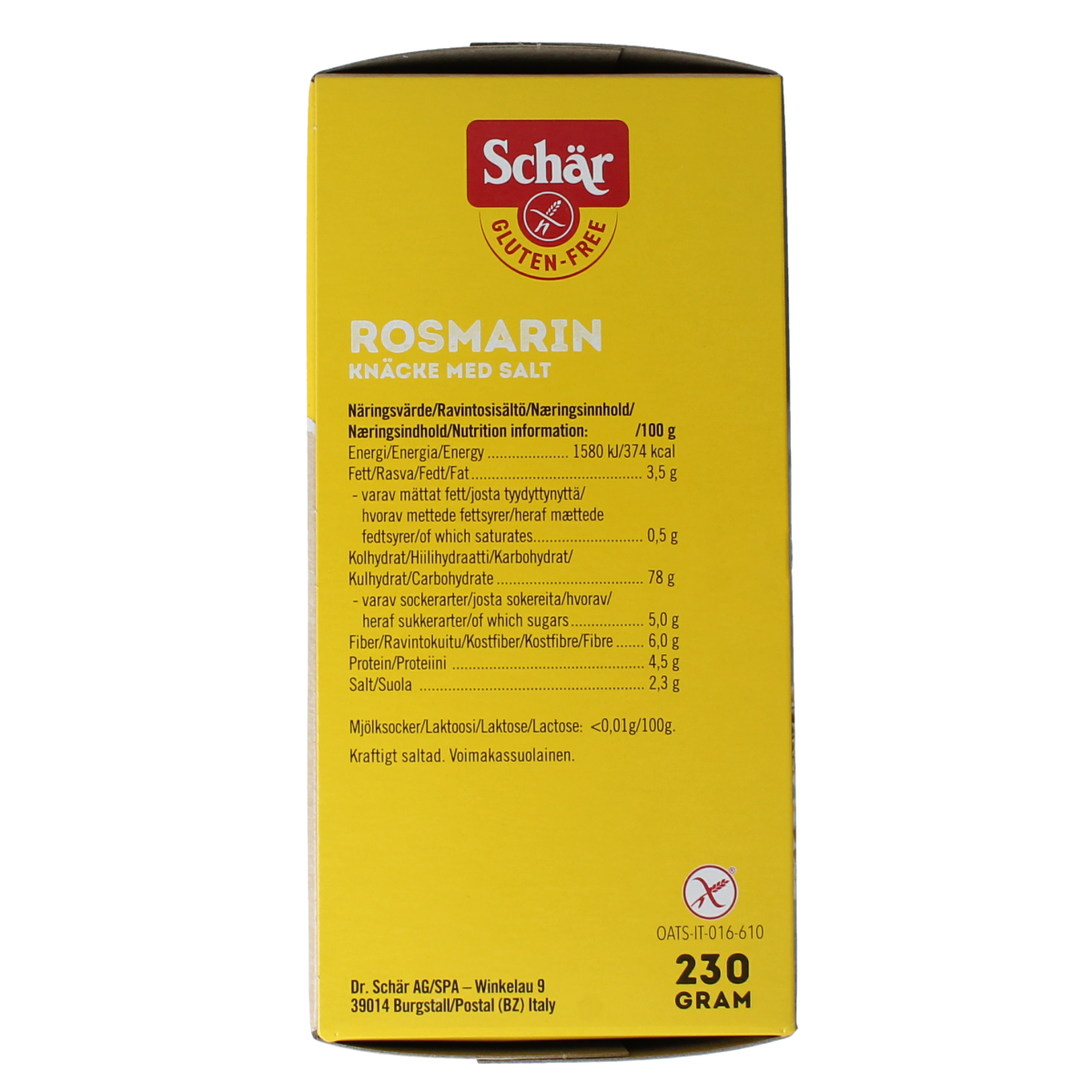Schar Knackebrod rozemarijn zout glutenvrij 230.00 Gram