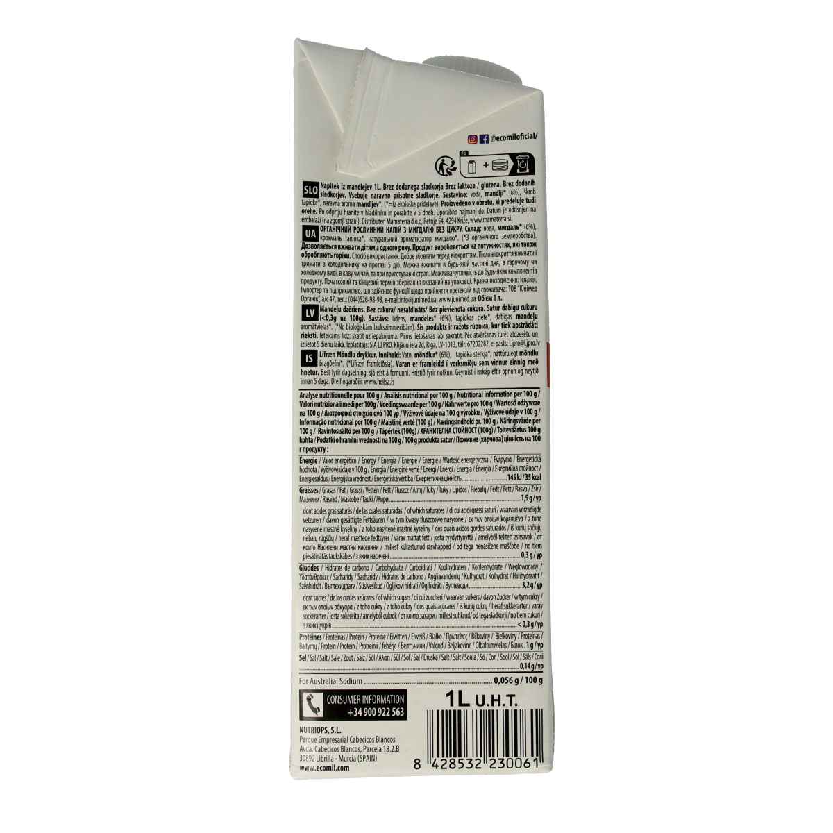 Ecomil Amandeldrank naturel suikervrij bio 1.00 Liter