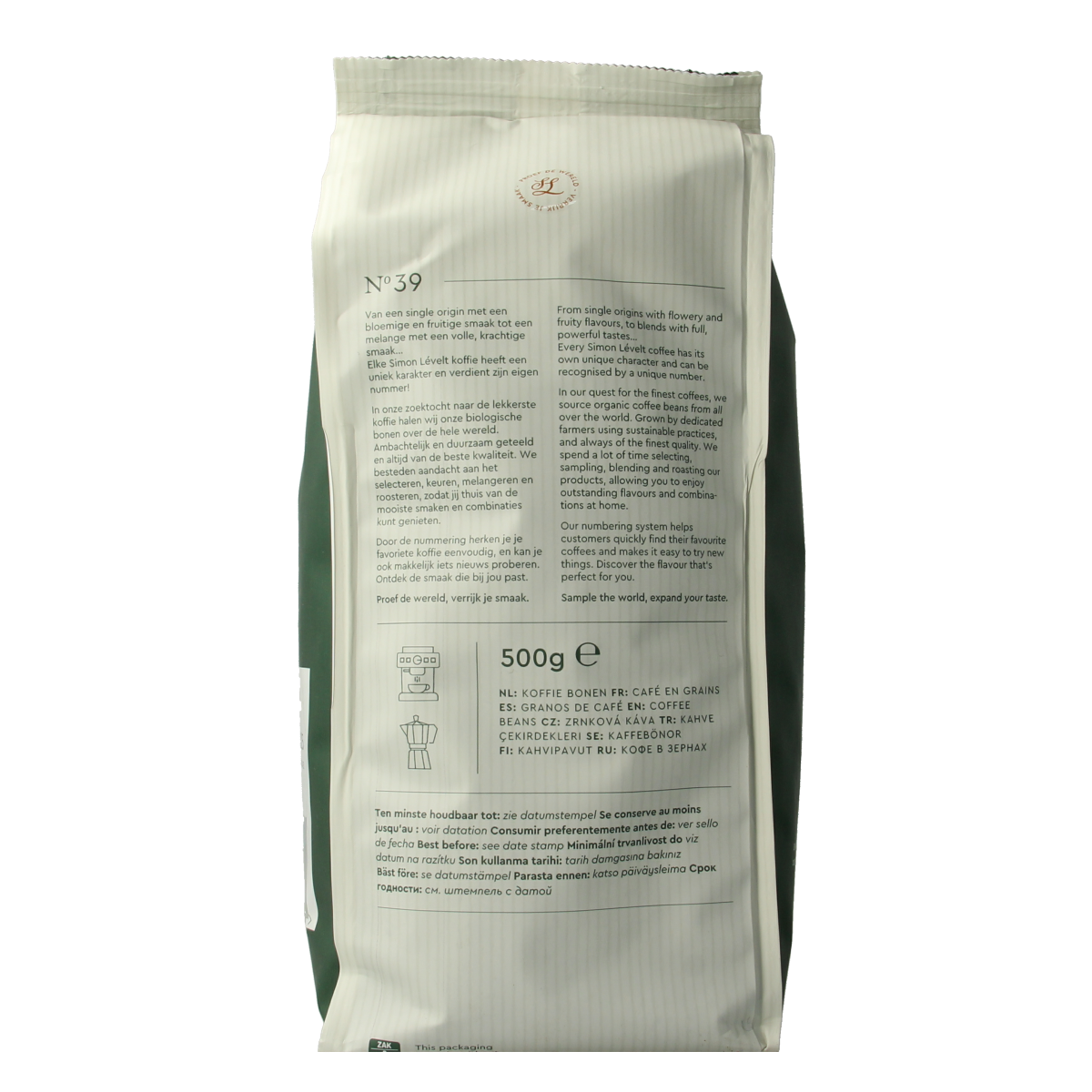 Simon Levelt Cafe N39 espresso dark roast bio 500.00 Gram