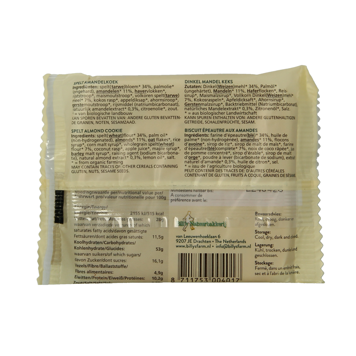 Billy's Farm Spelt amandelkoeken bio 50.00 Gram