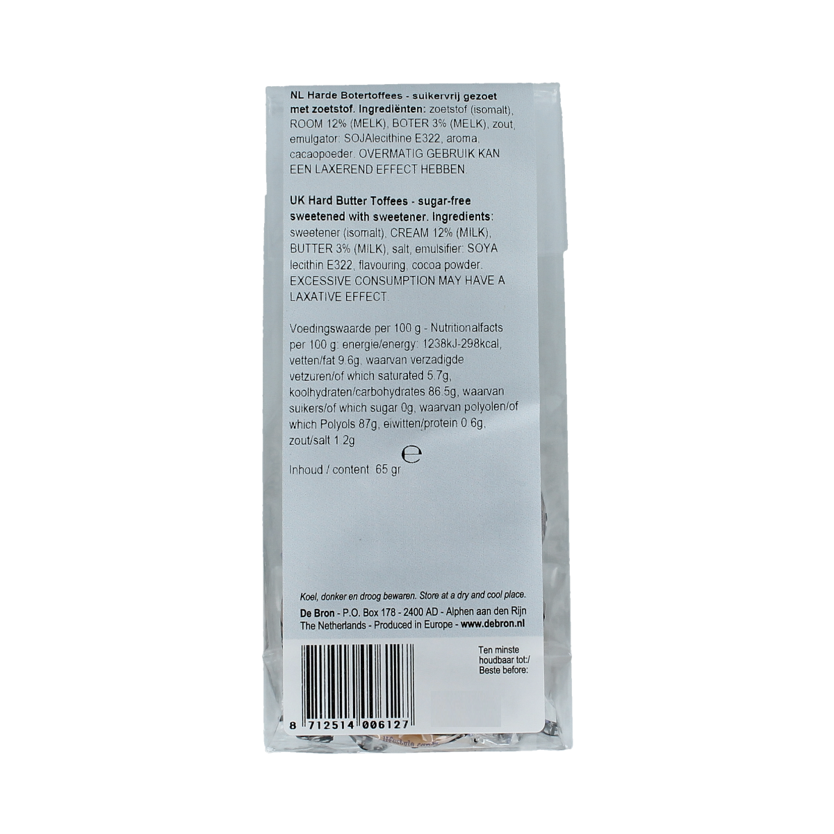 De Bron Buttertoffee suikervrij 65.00 Gram