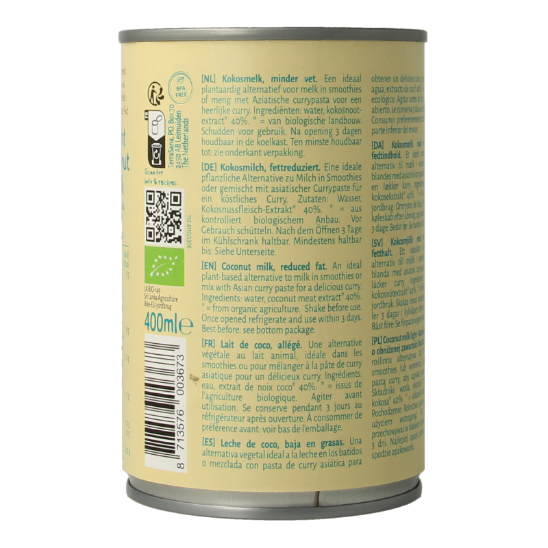 TerraSana Kokosmelk light vet bio 400 Milliliter