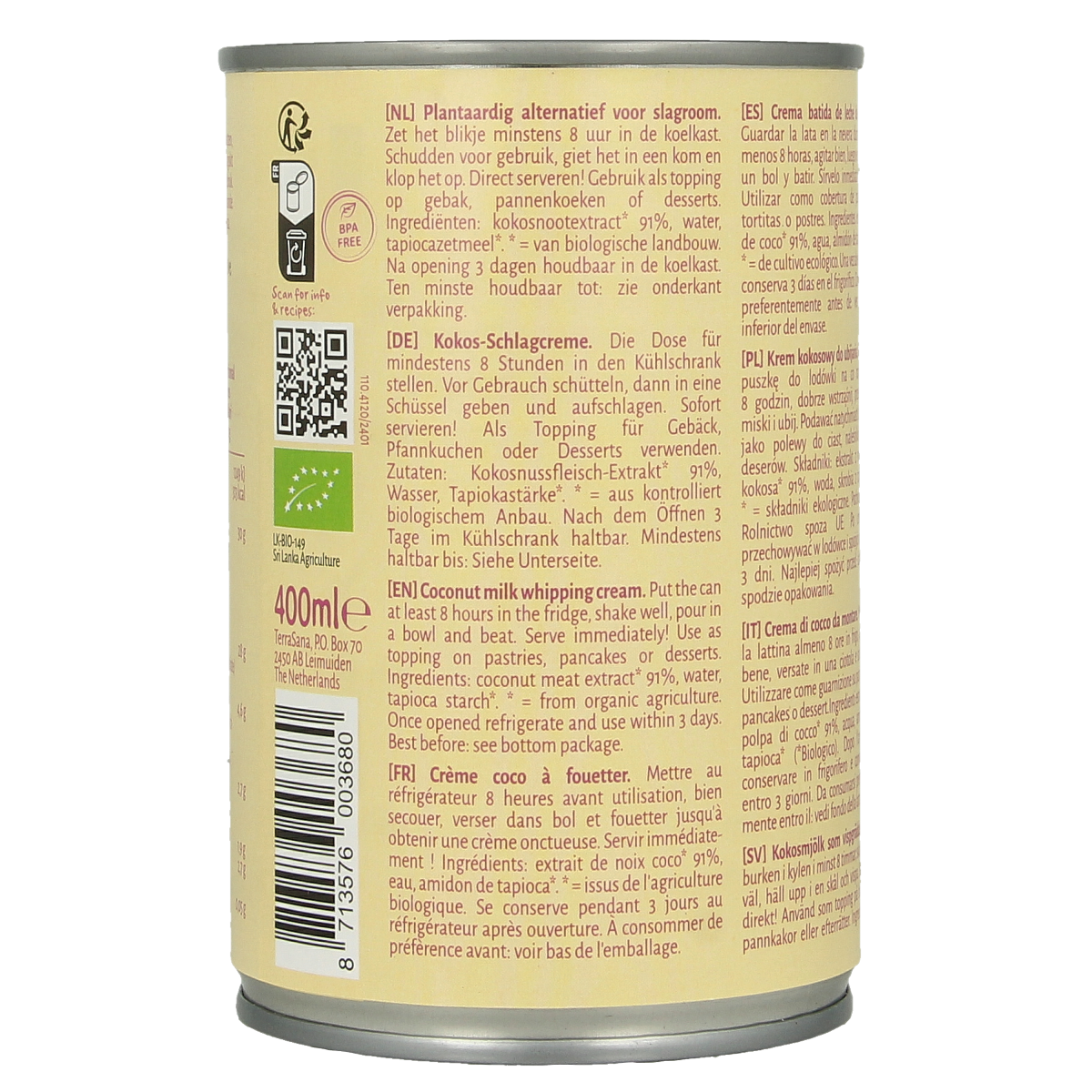 TerraSana Kokosmelk slagroom 30% vet bio 400.00 Milliliter