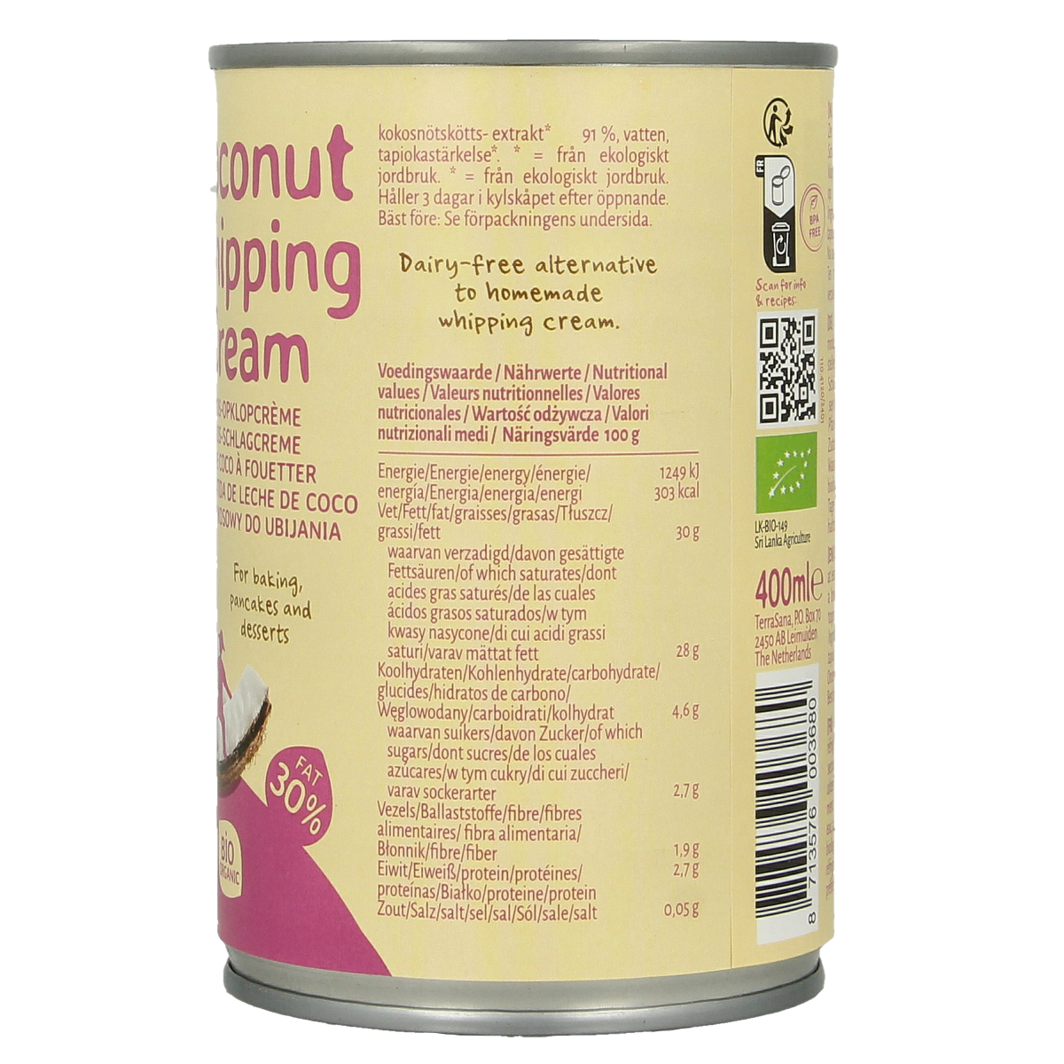 TerraSana Kokosmelk slagroom 30% vet bio 400.00 Milliliter