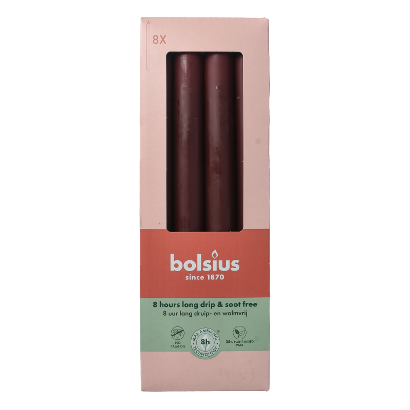 Bolsius Dinerkaarsen 230/20 velvet red 8 Stuks