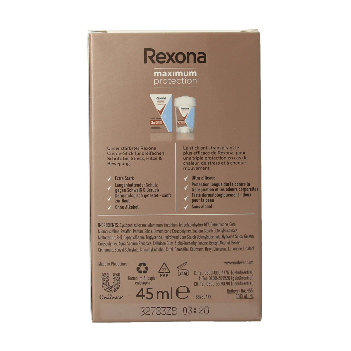 Rexona Deodorant stick woman max prot clean scent 45.00 Milliliter