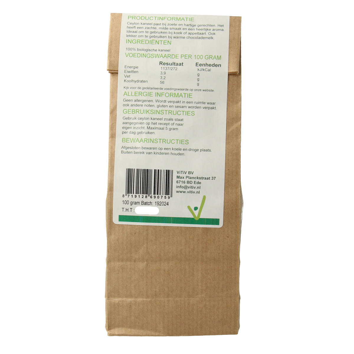 Vitiv Ceylon kaneel poeder bio 100.00 Gram