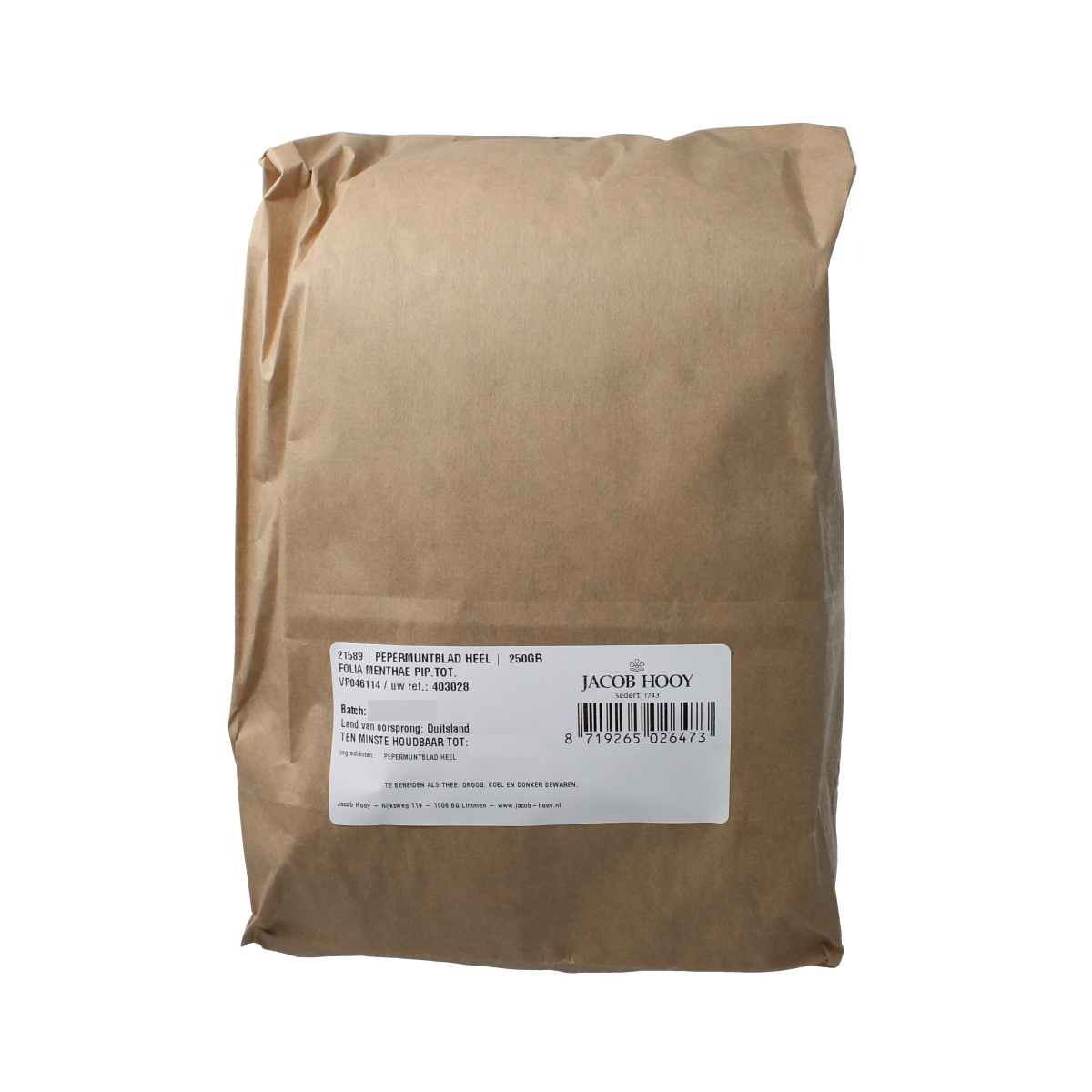 Jacob Hooy Pepermuntblad heel 250.00 Gram