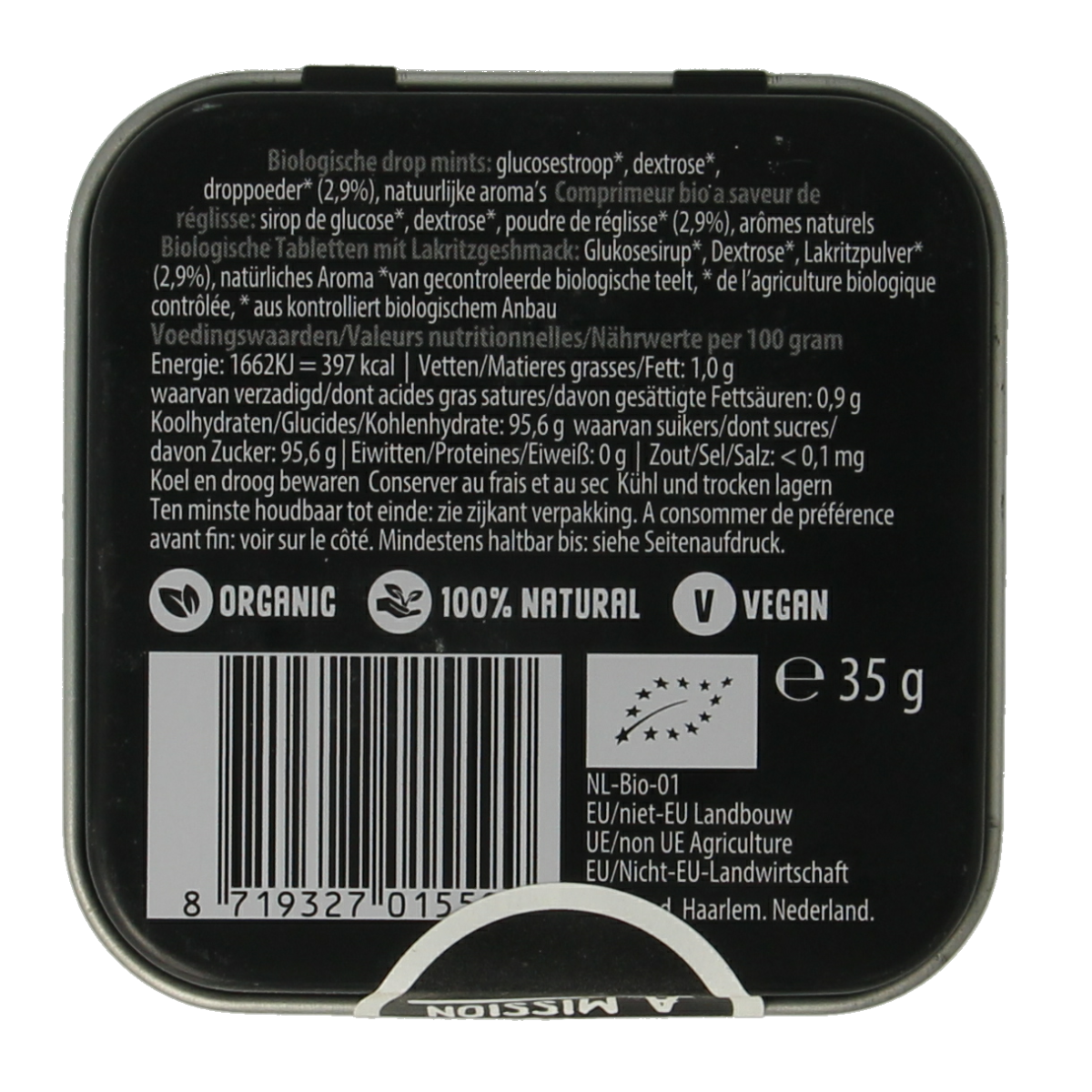 Max mints Liquorice blikje vierkant bio 35.00 Gram