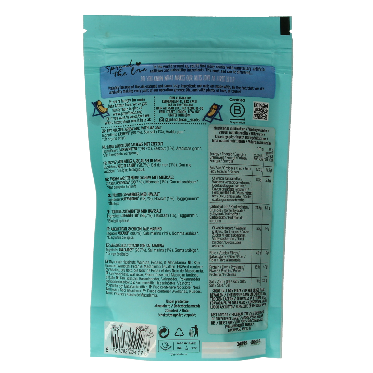 John Altman Dry roasted cashew nuts sea salt bio 100.00 Gram